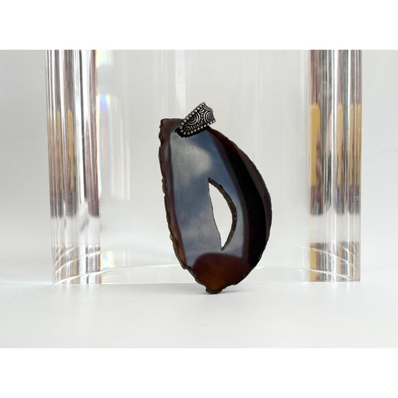 Rich Brown Sliced Agate Geode Crystal Freeform Silver Toned Vintage Pendant - Picture 2 of 13